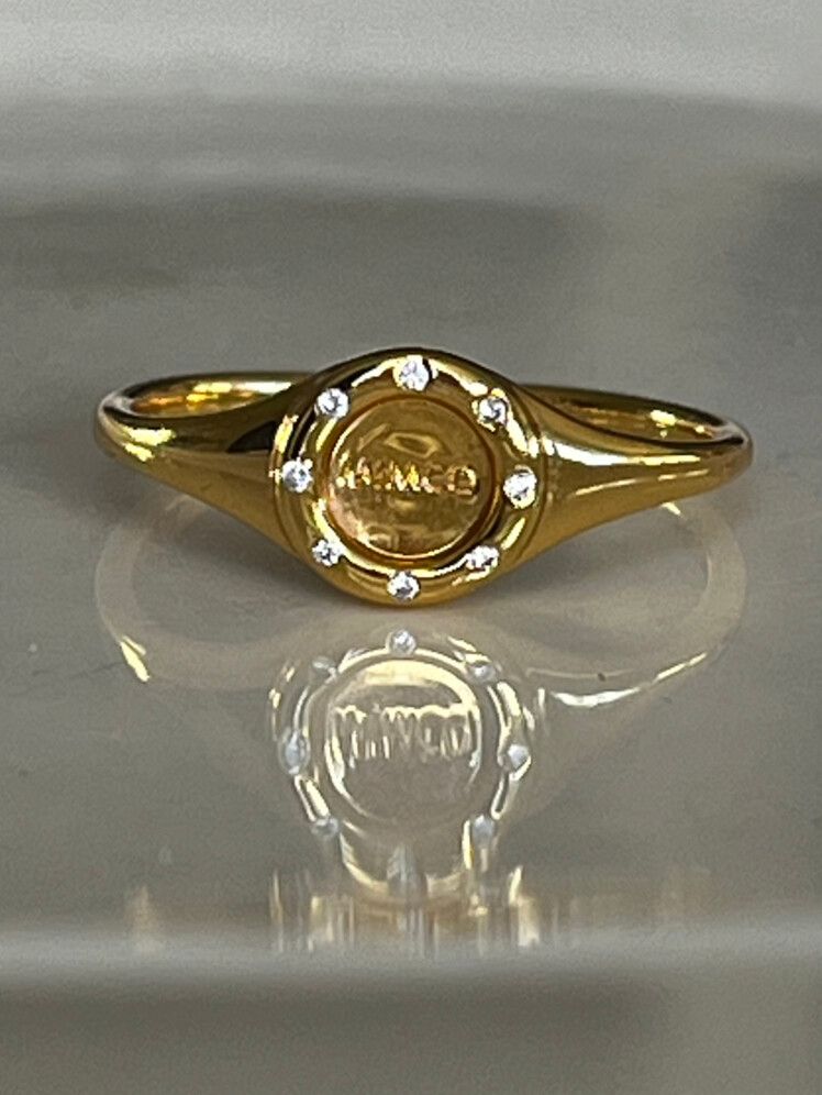 MIMCO LUNE SIGNET RING 14K GOLD PLATED OVER STERLING SILVER WITH CZ - Sz 8 BNWOT