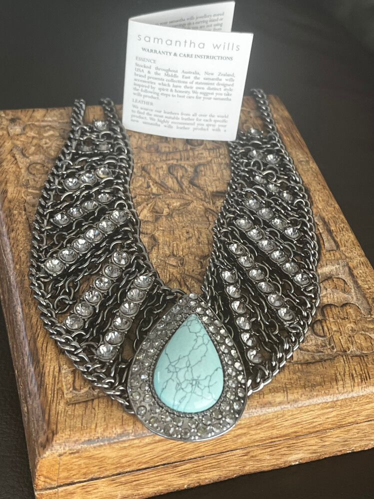 SAMANTHA WILLS TINY SPARKLE NECKLACE IN GUNMETAL WITH TURQUOISE & CRYSTALS