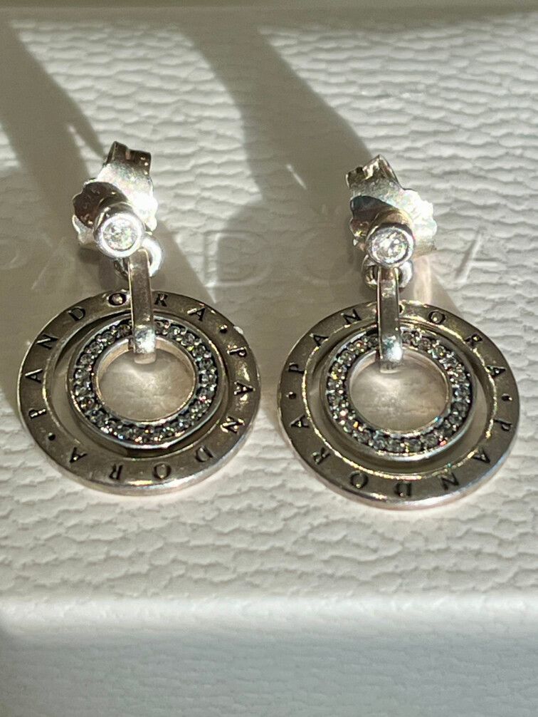 RETIRED PANDORA CIRCLES OF LOGO DROP EARRINGS STERLING SILVER & CZ