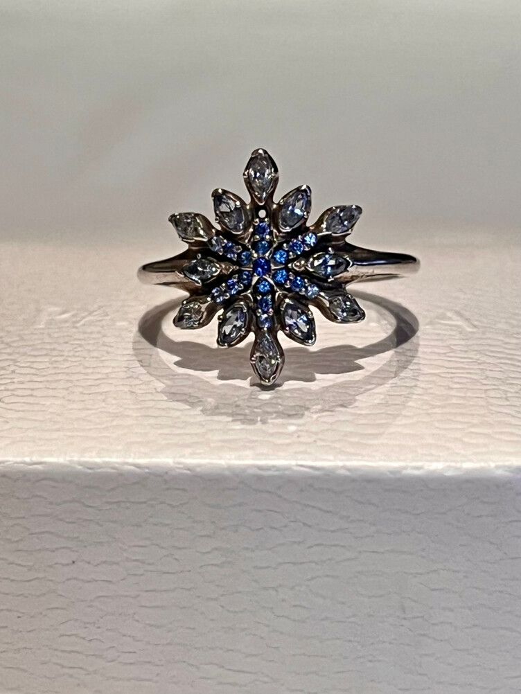 RETIRED PANDORA BLUE SNOWFLAKE RING SS WITH BLUE & CLEAR CZ - SIZE 54