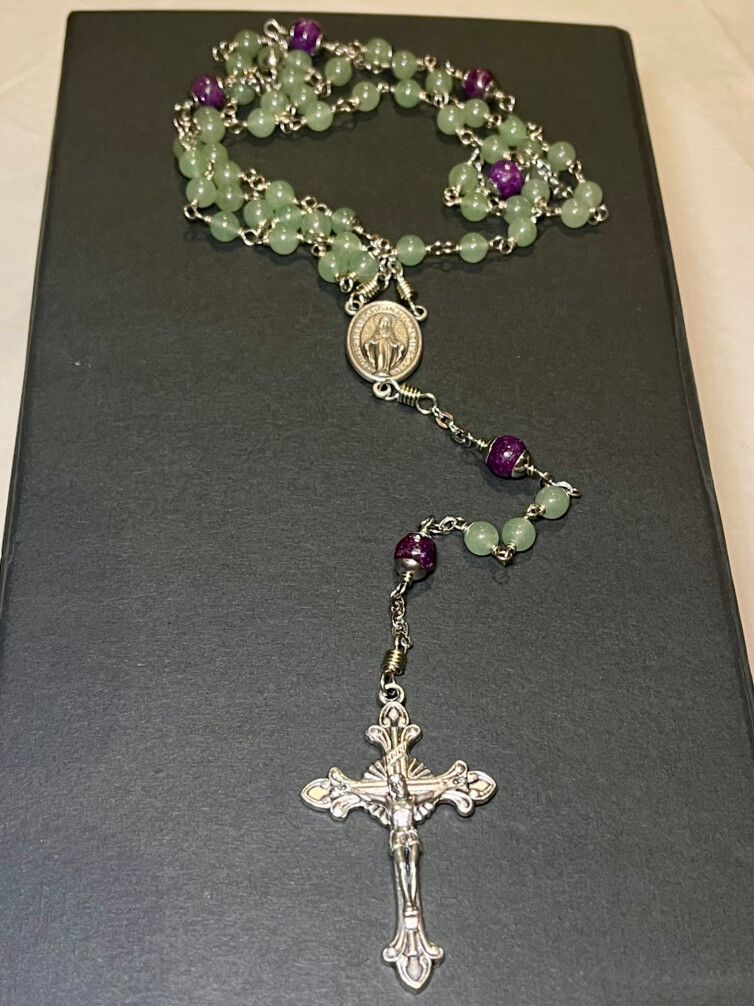 HANDCRAFTED FIVE DECADE ROSARY WITH LEPIDOLITE & AVENTURINE GEMSTONES