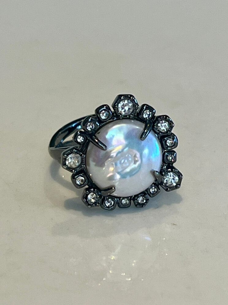 ⚜️VINTAGE MIMCO FRESHWATER BAROQUE PEARL  & CRYSTAL RING - SIZE 6