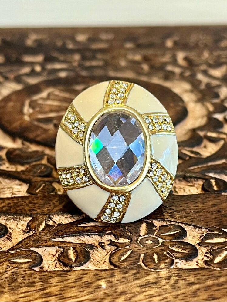 ⚜️SAMANTHA WILLS VINTAGE GOLD & CREAM ENAMEL RING WITH CLEAR CRYSTALS - 7.25