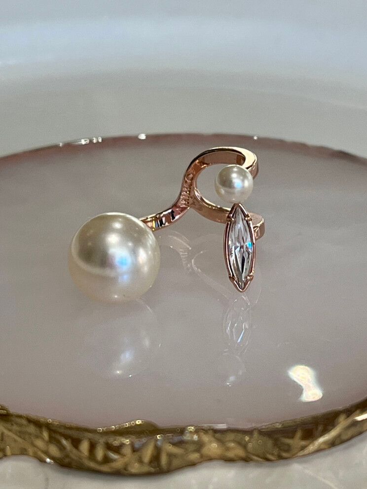 ⚜️MIMCO ROSE GOLD OPENED RING WITH CZ & FAUX PEARLS - 7 - ADJUSTABLE - INNC