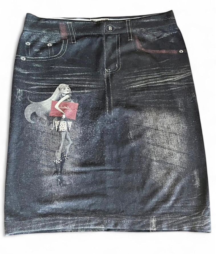 🖤 FILO Y2K VINTAGE STRETCHY DENIM LOOK KNEE LENGTH PENCIL SKIRT SIZE 8-10