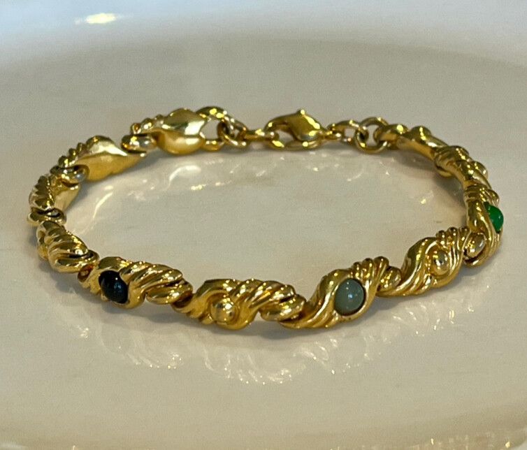 ⚜️VINTAGE 1990’s 18K GOLD PLATED SWIRL CHAIN BRACELET WITH MULTICOLOURED STONES