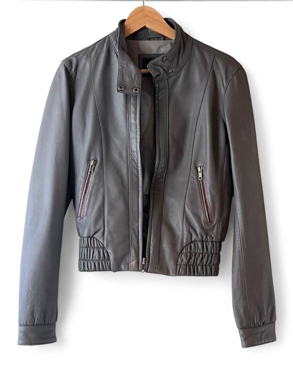 🔥THE ORIGINAL BEN SHERMAN RARE VINTAGE GREY LEATHER MOTO BOMBER JACKET SIZE S