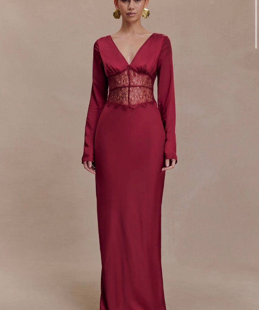 Meshki - KAYA- Long Sleeve Satin And Mesh Maxi Dress - Wine on Designer  Wardrobe