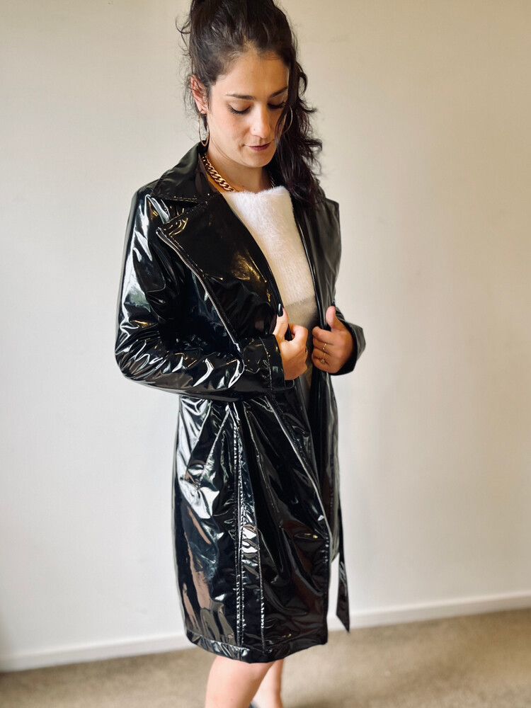 Trench Coat - Glossy Black Pu Leather