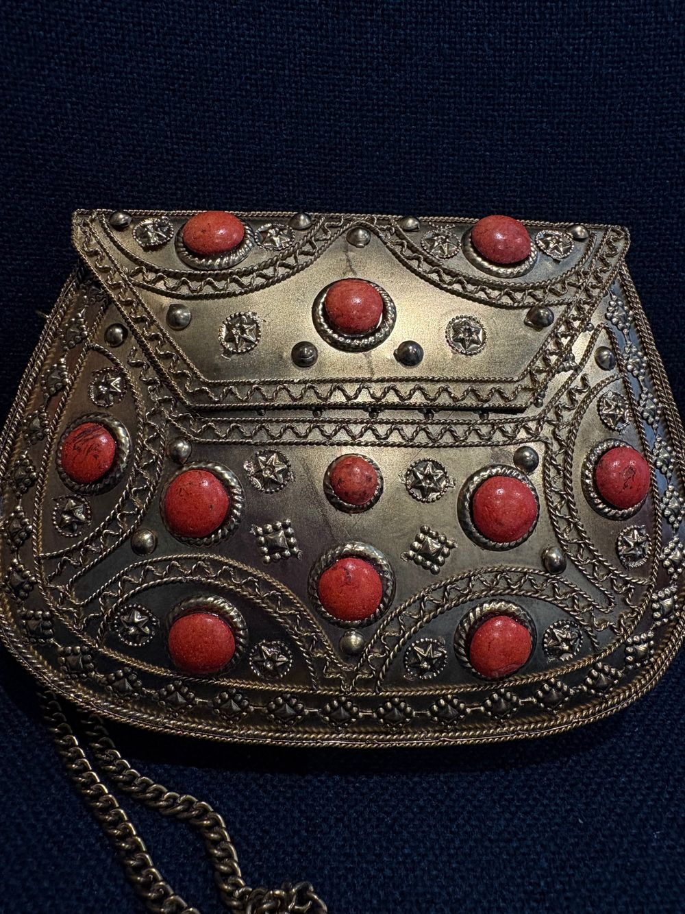 Vintage Brass Purse with Red Coral Cabochons & Chain Strap – Ornate Ethnic Style