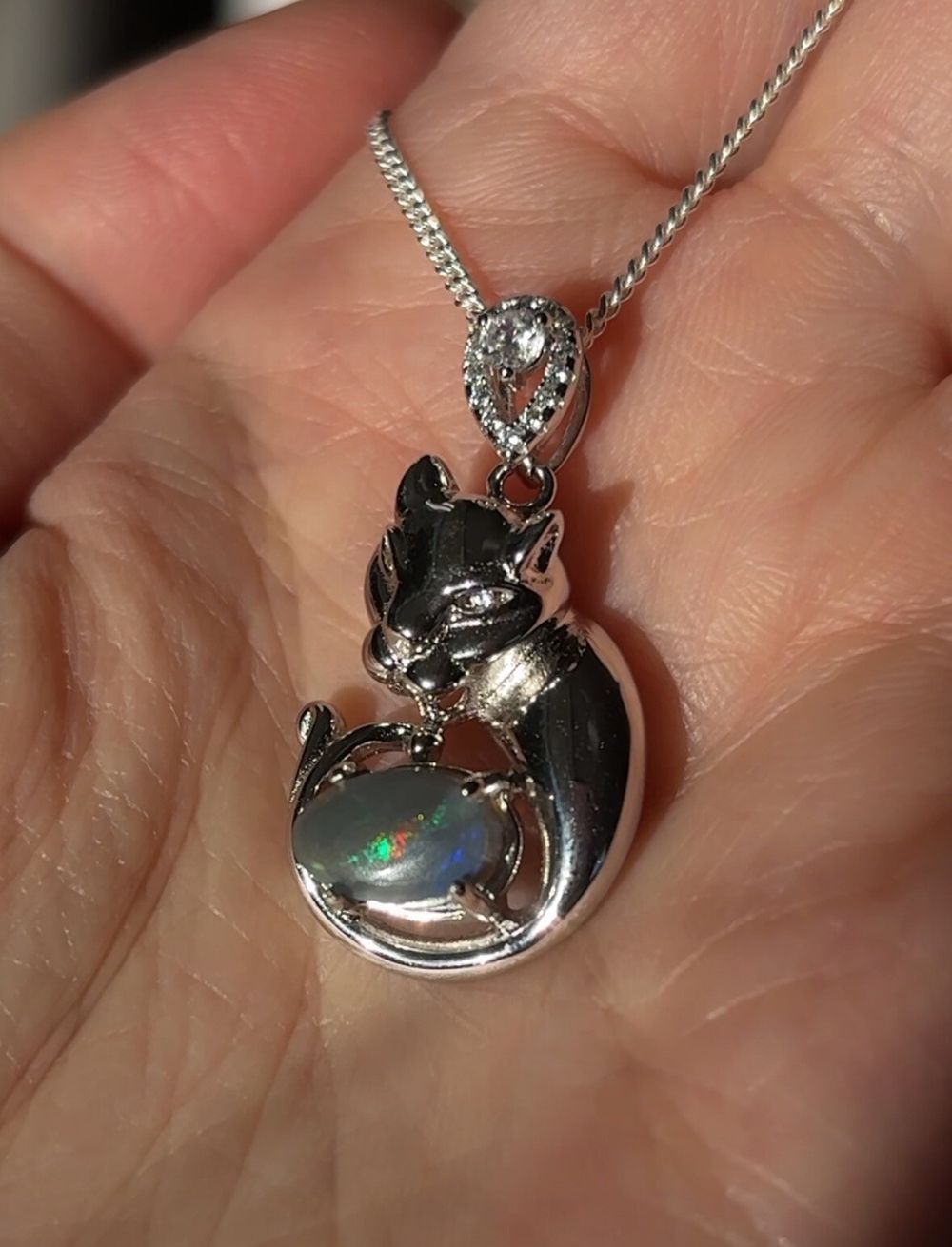 Silver 925 Black Opal Cat Pendant/ Necklace