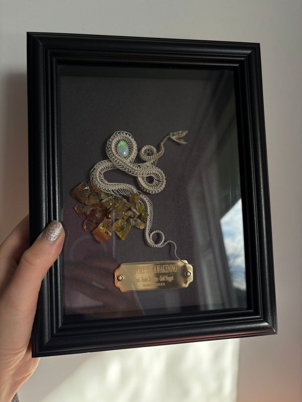 Framed Snake Skeleton, Gold Nugget & Opals art