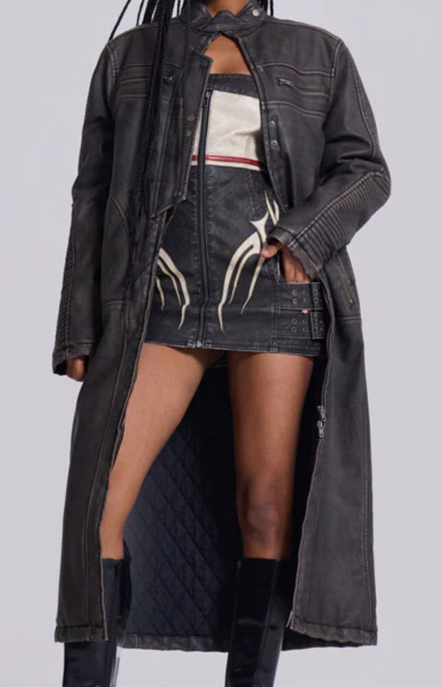 motor cross faux leather longline trench