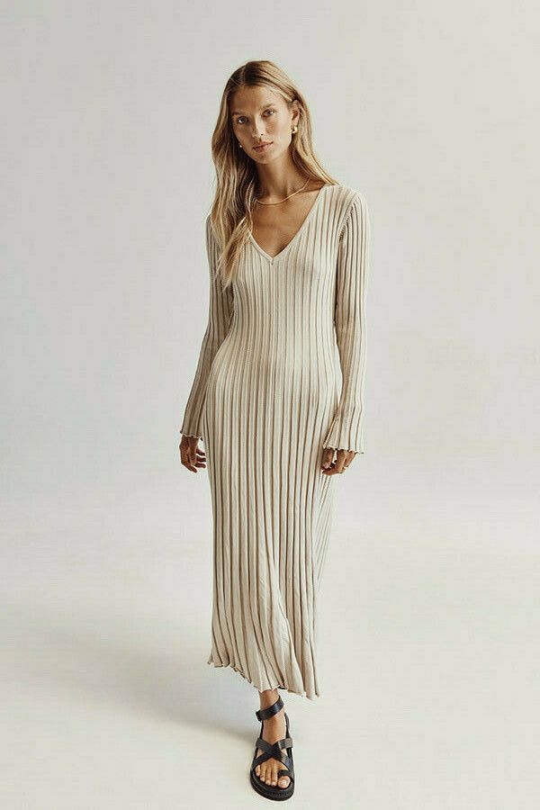 knee length dresses for ladies Dissh Reign Sleeved Knit Midi Dress Beige  WMIYHire