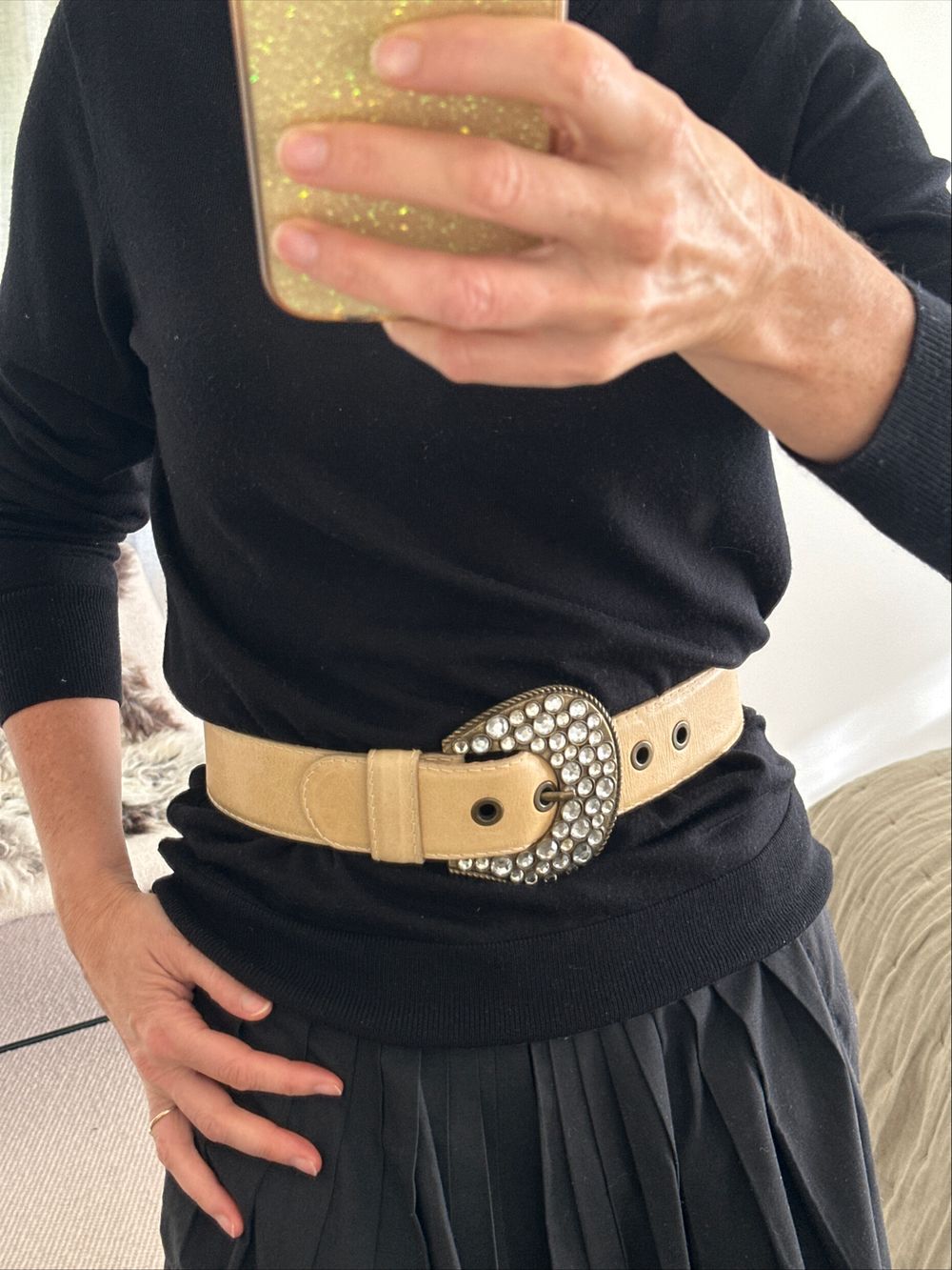 Leather belt beige with diamanté buckle.