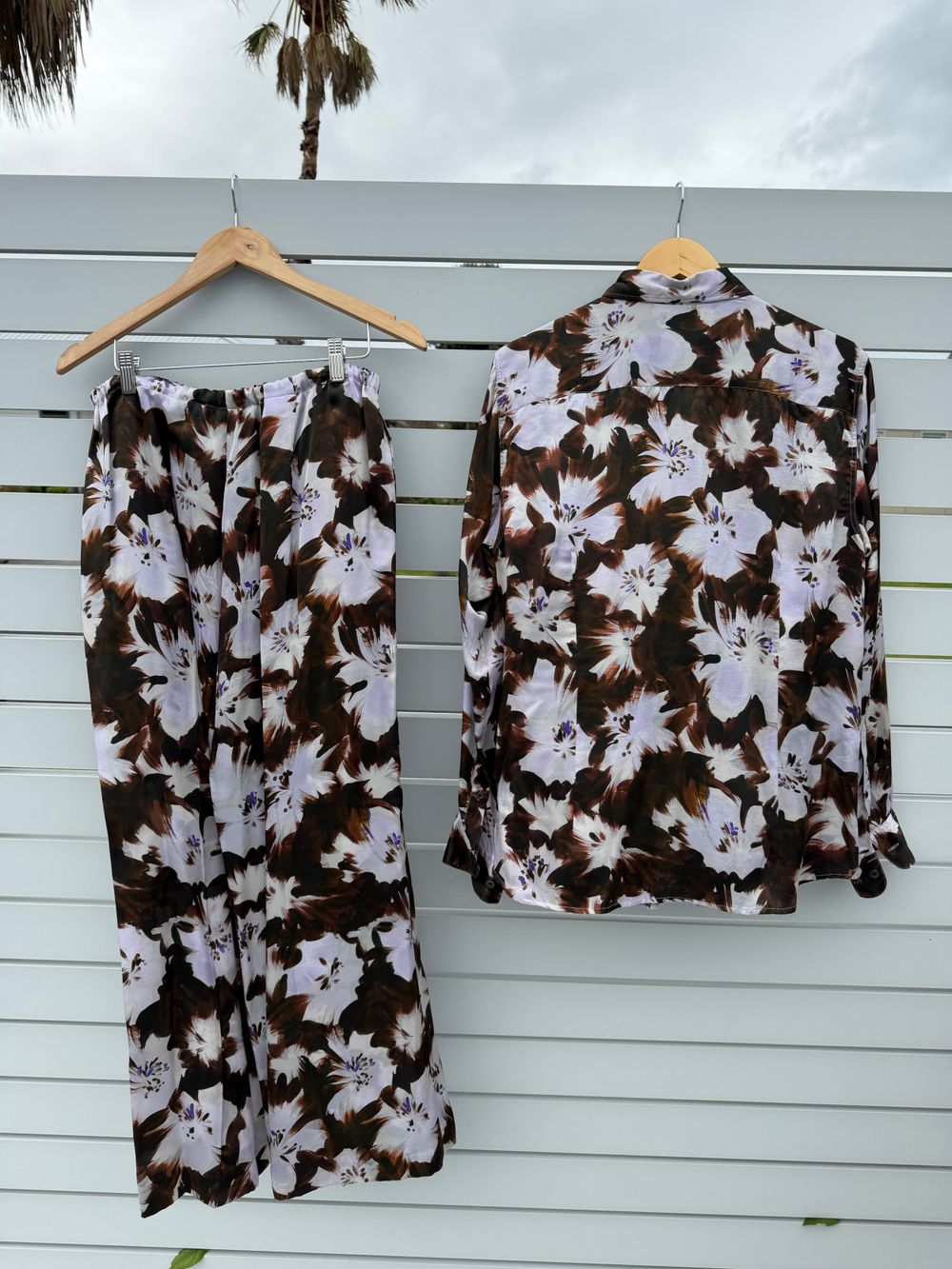 Dries Van Noten Brown Floral Silk Shirt and Pants Matching Set