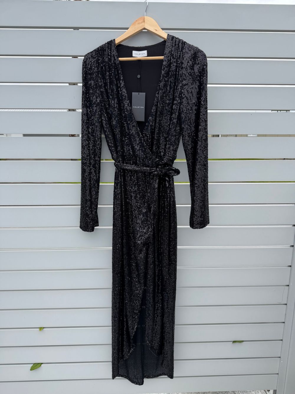 Halston Black Sequinned Wrap Maxi Dress