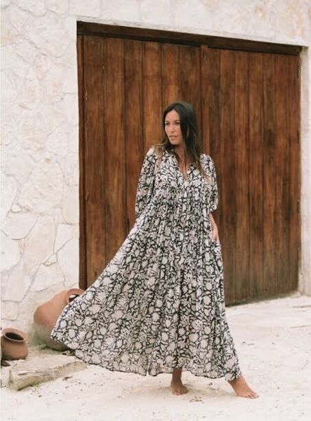 daughters of india maxi dress Kyra | Maxi Dress | Olive Floral - Boho Relaxed Fit Balloon-Sleeved Gauze Cotton