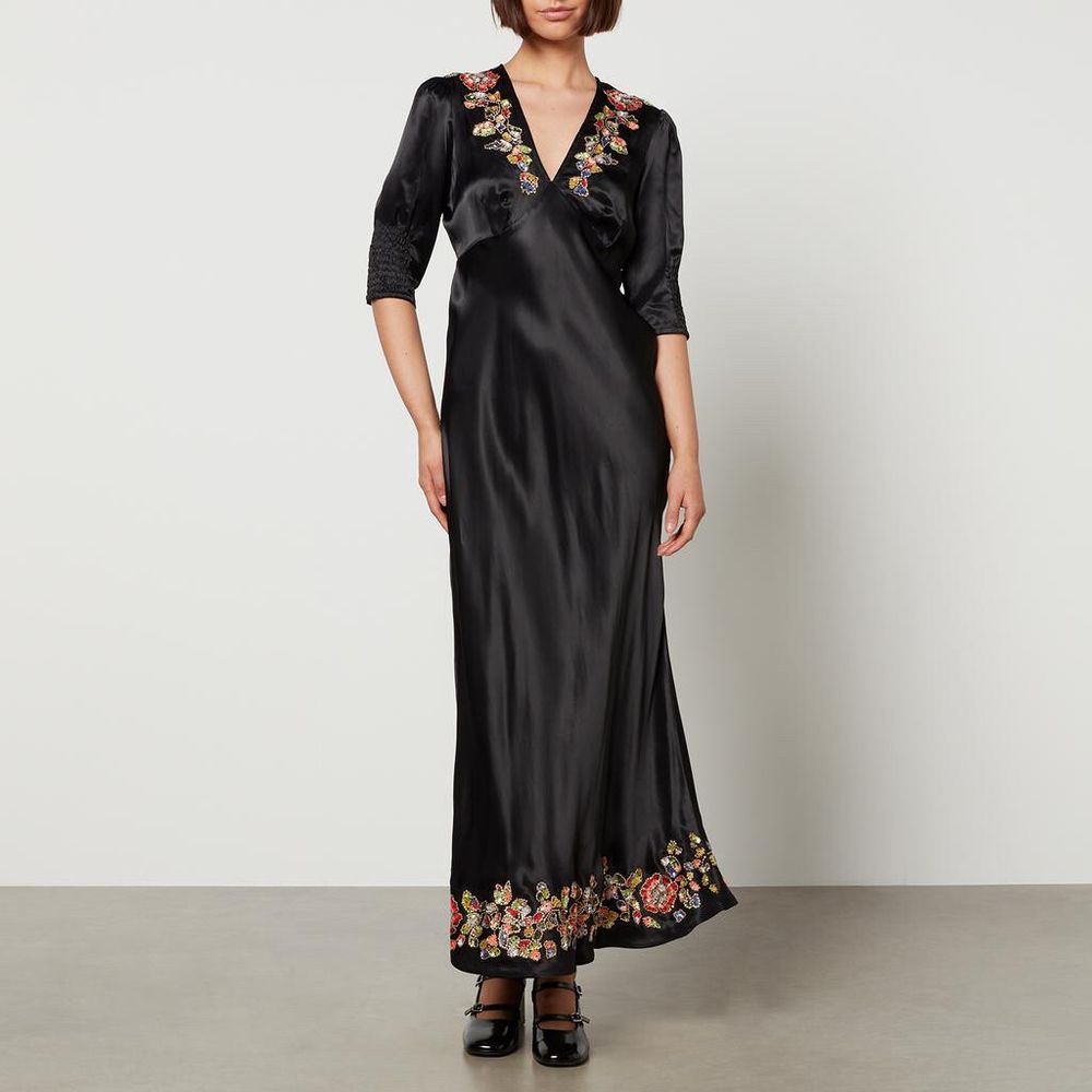 RIXO - Zadie Embellished Satin Midi Dress