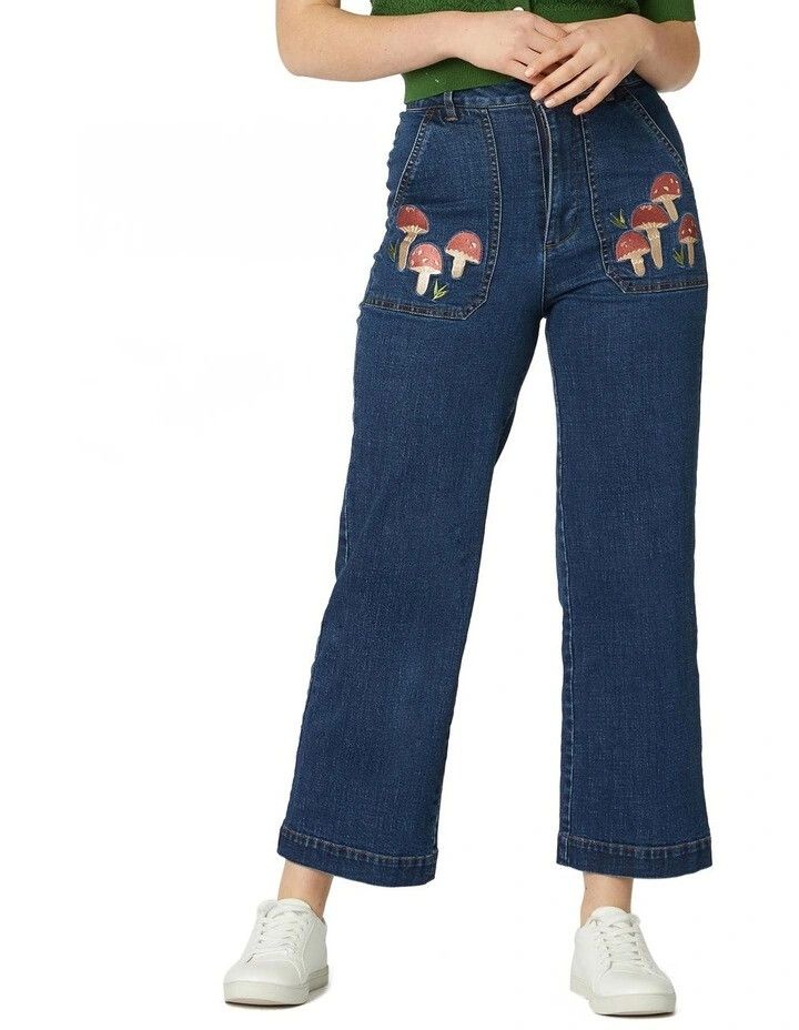 PRINCESS HIGHWAY Mushroom Embroidered High Waisted Wide Leg Jeans