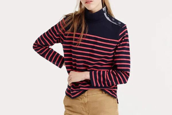 J CREW Nautical Striped Button-Shoulder Turtleneck Sweater