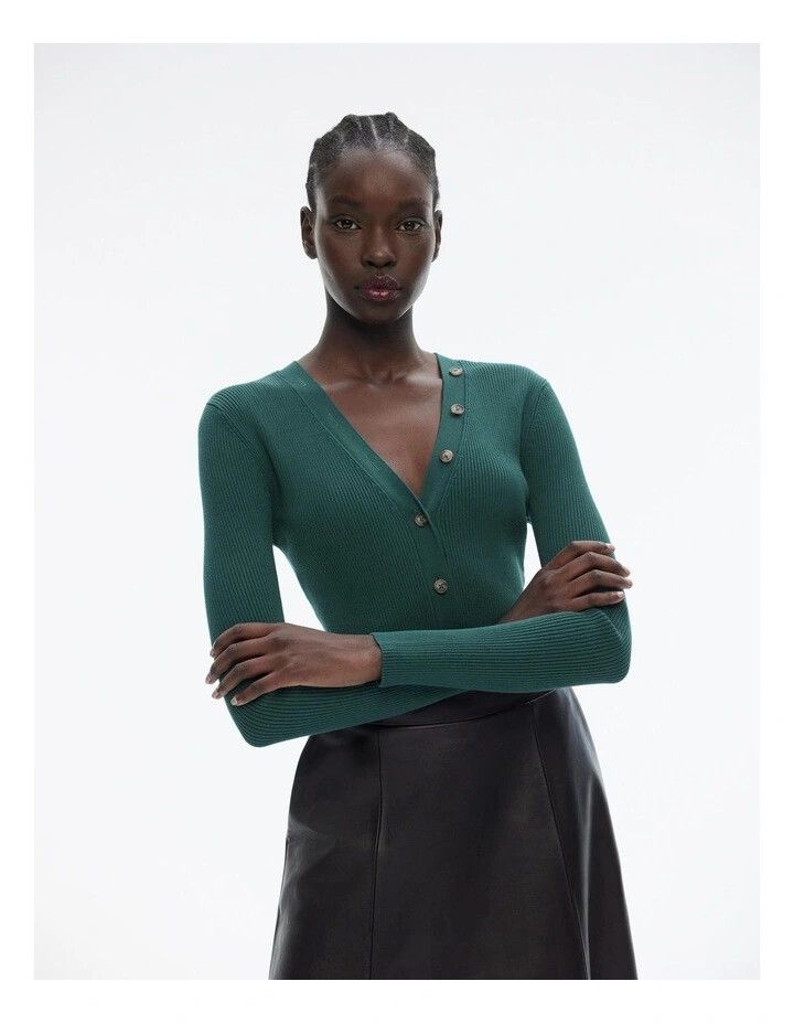 WITCHERY Petrol Green Button Through Rib Knit Top RRP$199