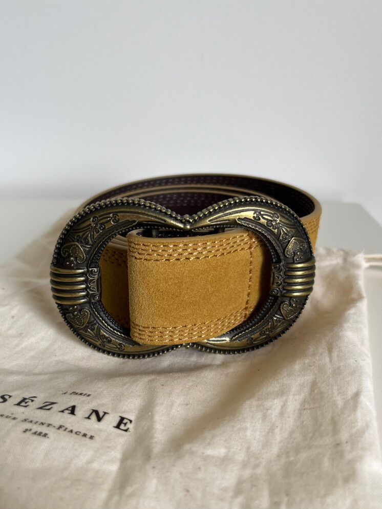 Sezane Gaia Belt Honey Suede Leather Antique Gold Hardware