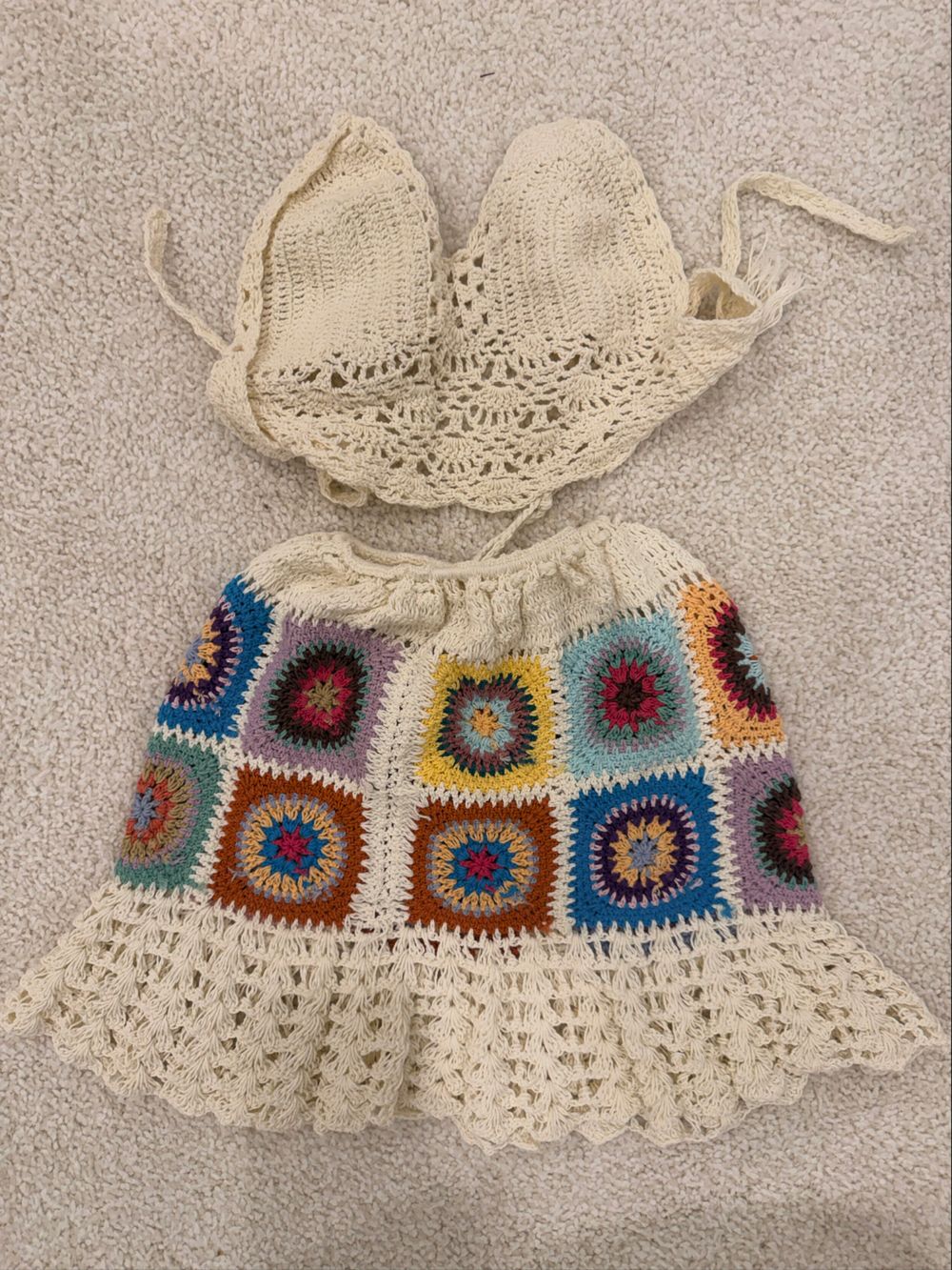 Cream Crochet Granny Square Two Piece Set