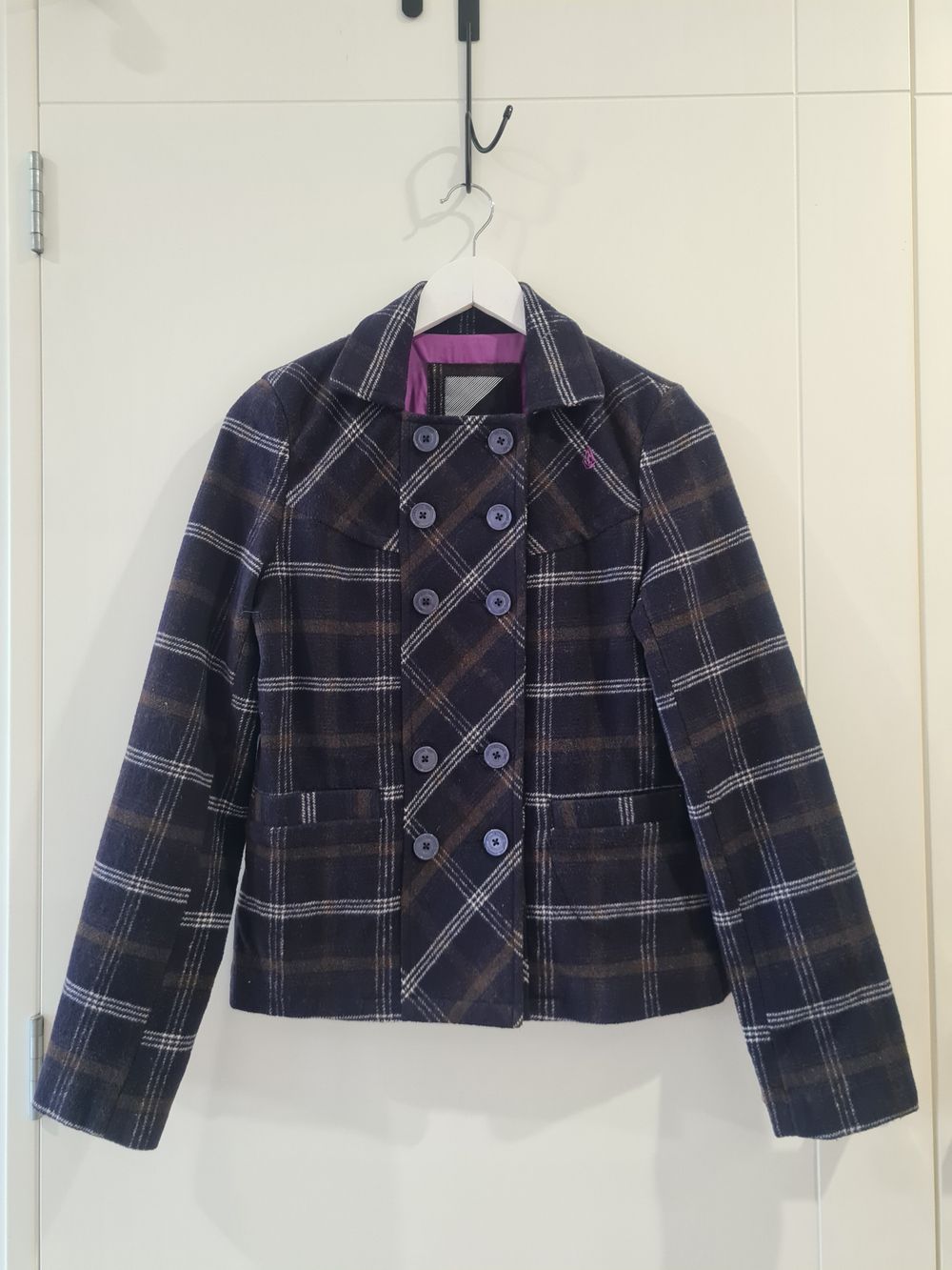 Volcom Navy Blue, Brown and White Wool Double Blasted Short Jacket