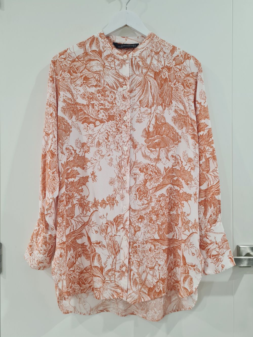Zara Coral Orange Floral Oversized Long sleeve Shirt size SM