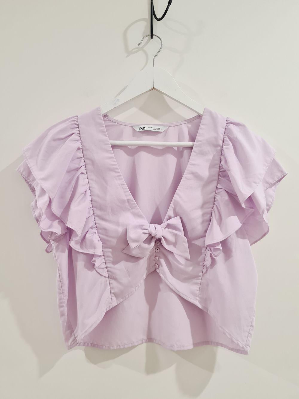 Zara Lavender Violet V neck Short Sleeve Ruffle detail Cropped Top