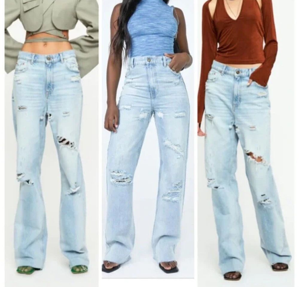 Lioness Cobain Relaxed Boyfriend Destroyed Light Blue Wash Jeans Size 4