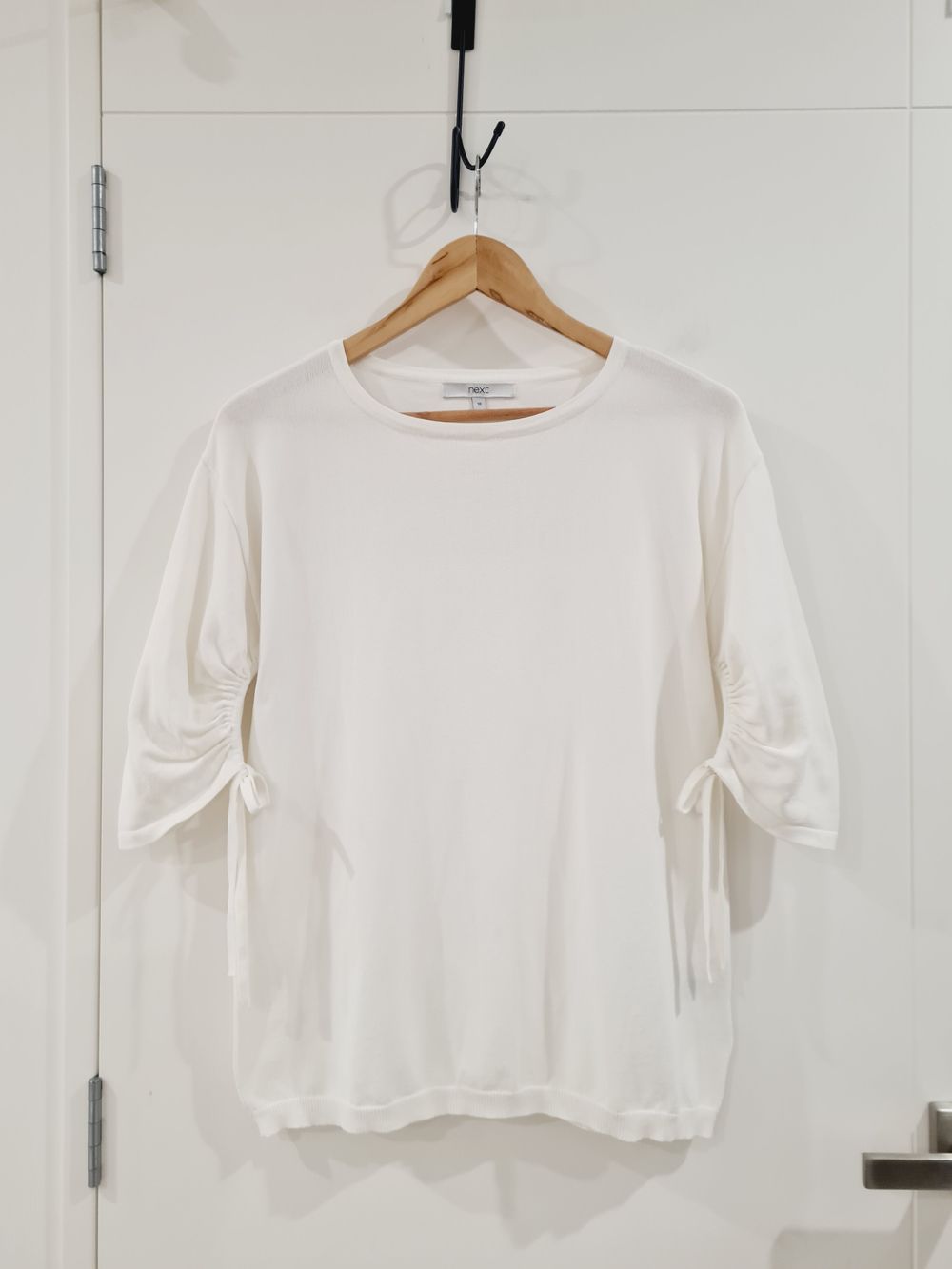 Next White Tie Sleeve Knit Top – Soft Viscose Blend Short Sleeve Size 10