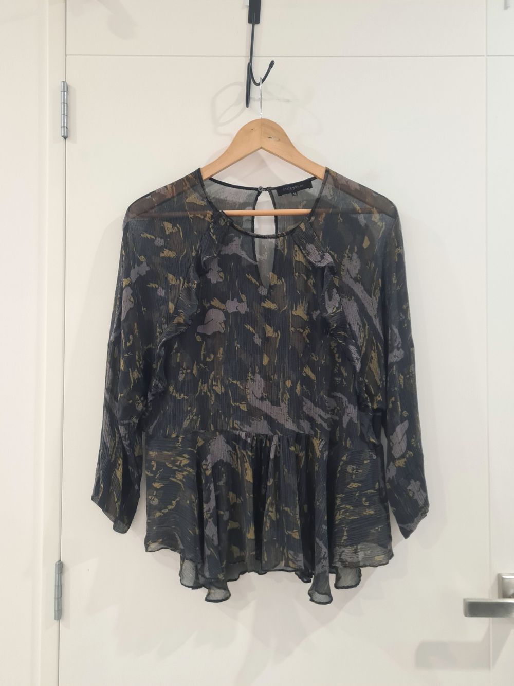 State of Play 100% Silk Abstract Print Flowy Top – Brown & Gold Size 10