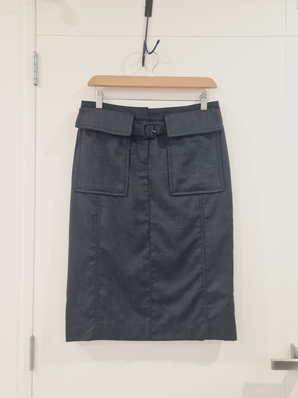 Trenery Chacoal Grey Wool Knee Length Skirt-Classic, Minimal, Belt detail size 6
