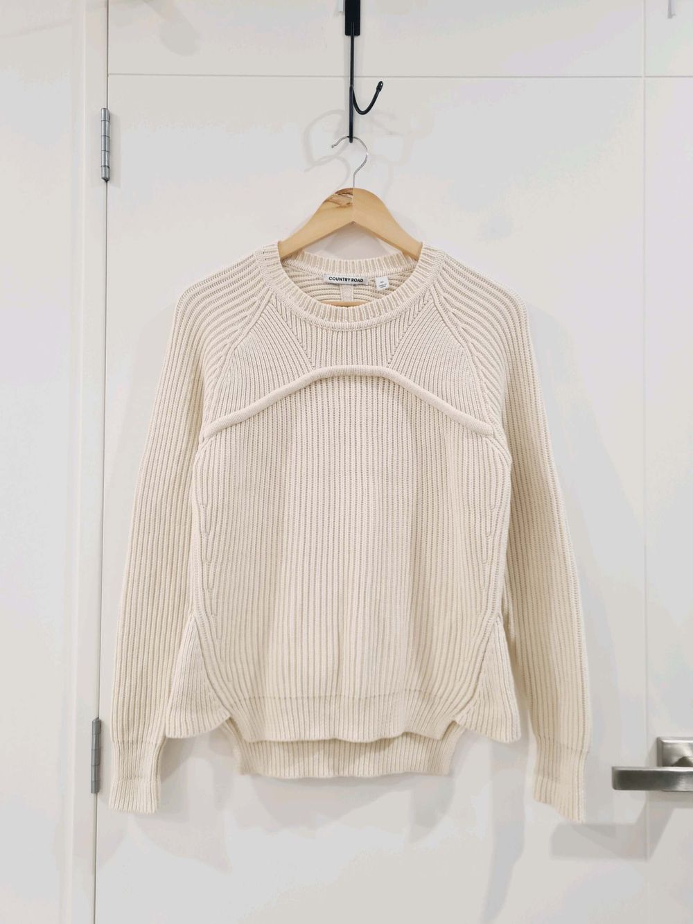 Country Road Cream Rib Knit Jumper Textured Panel Detail Cotton Jumper