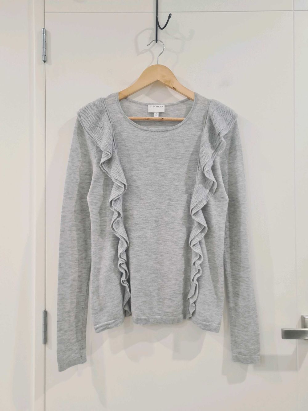 Witchery Grey Marl Ruffle Knit Top Wool Blend Long Sleeve Size S