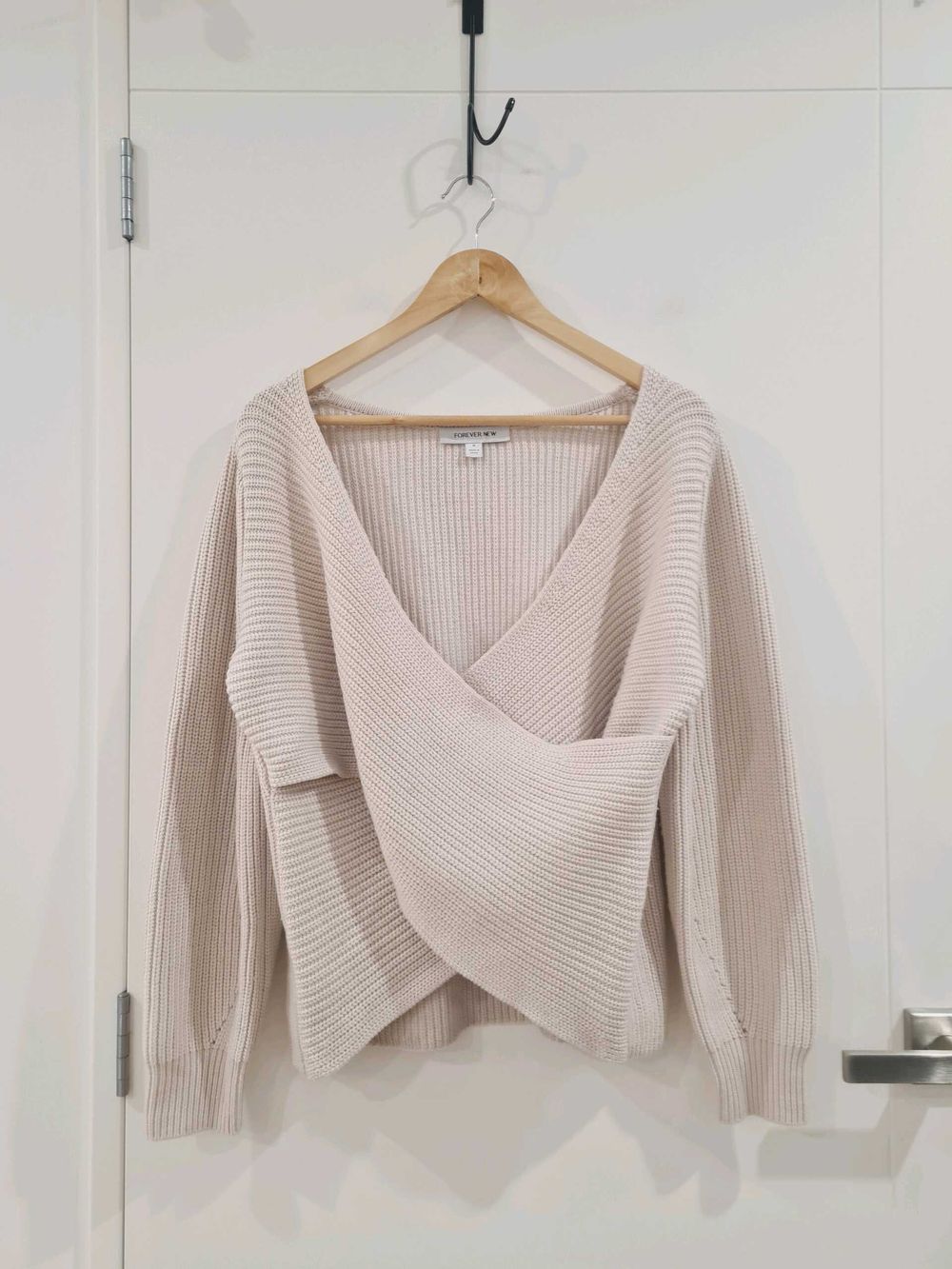 Forever New Beige Wrap Knit Jumper V Neck Feminine Fit Size M