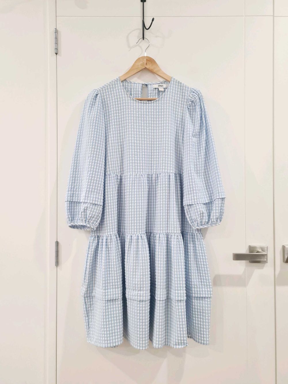 Only Blue & White Check Relaxed Dress – Ribbon Tie Back Detail
