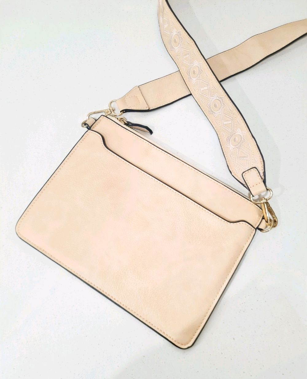 Seed Nude Beige Embroidered Strap Crossbody Bag – Minimal Everyday Style