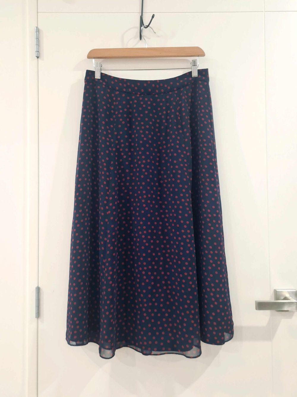 Boden Navy and Red Polkadot Flowy Midi Skirt