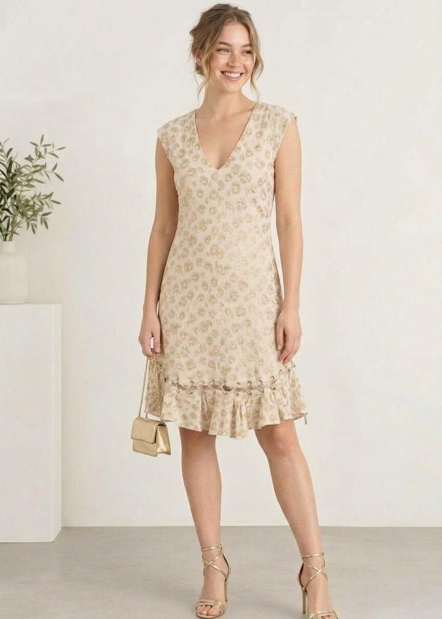 SEED Heritage Cream & Gold Shimmer Silk-Cotton Mini Dress
