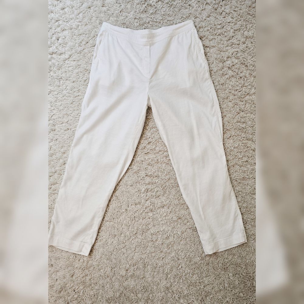 Trenery White Linen Blend Pull Up Trousers Cropped Pants Size 12