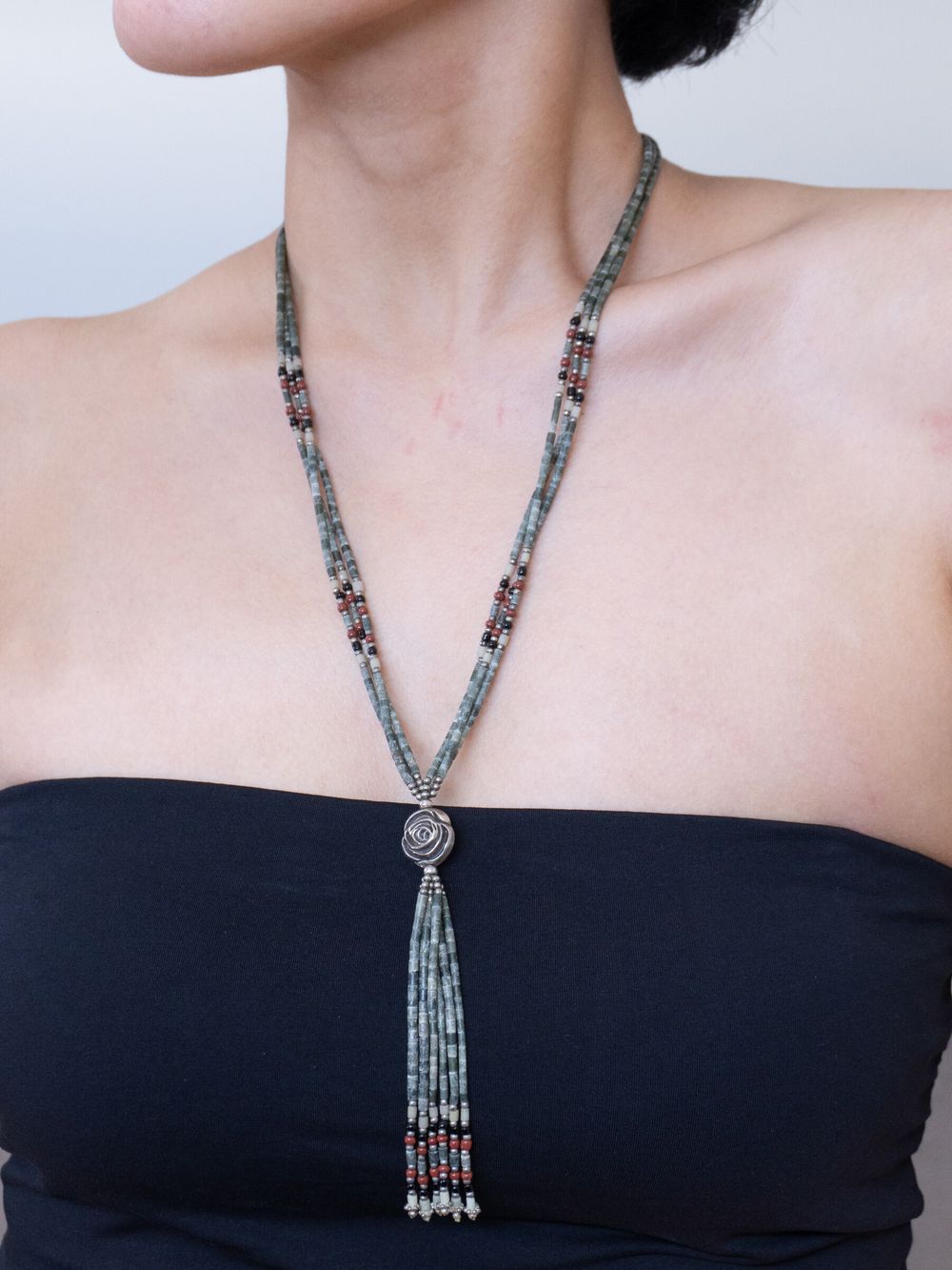 Vintage Multi-Strand Beaded Necklace with Rose Pendant