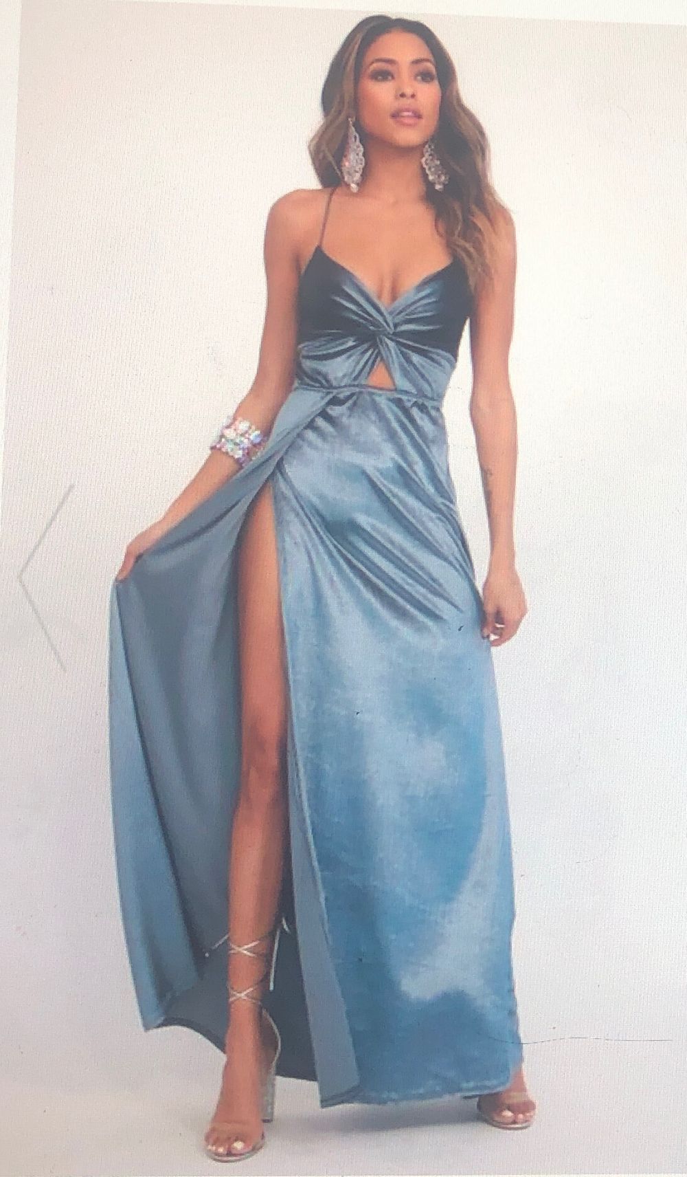 baby blue dress for baby shower Sky-Blue Velvet Ruched Midi Dress main image 0