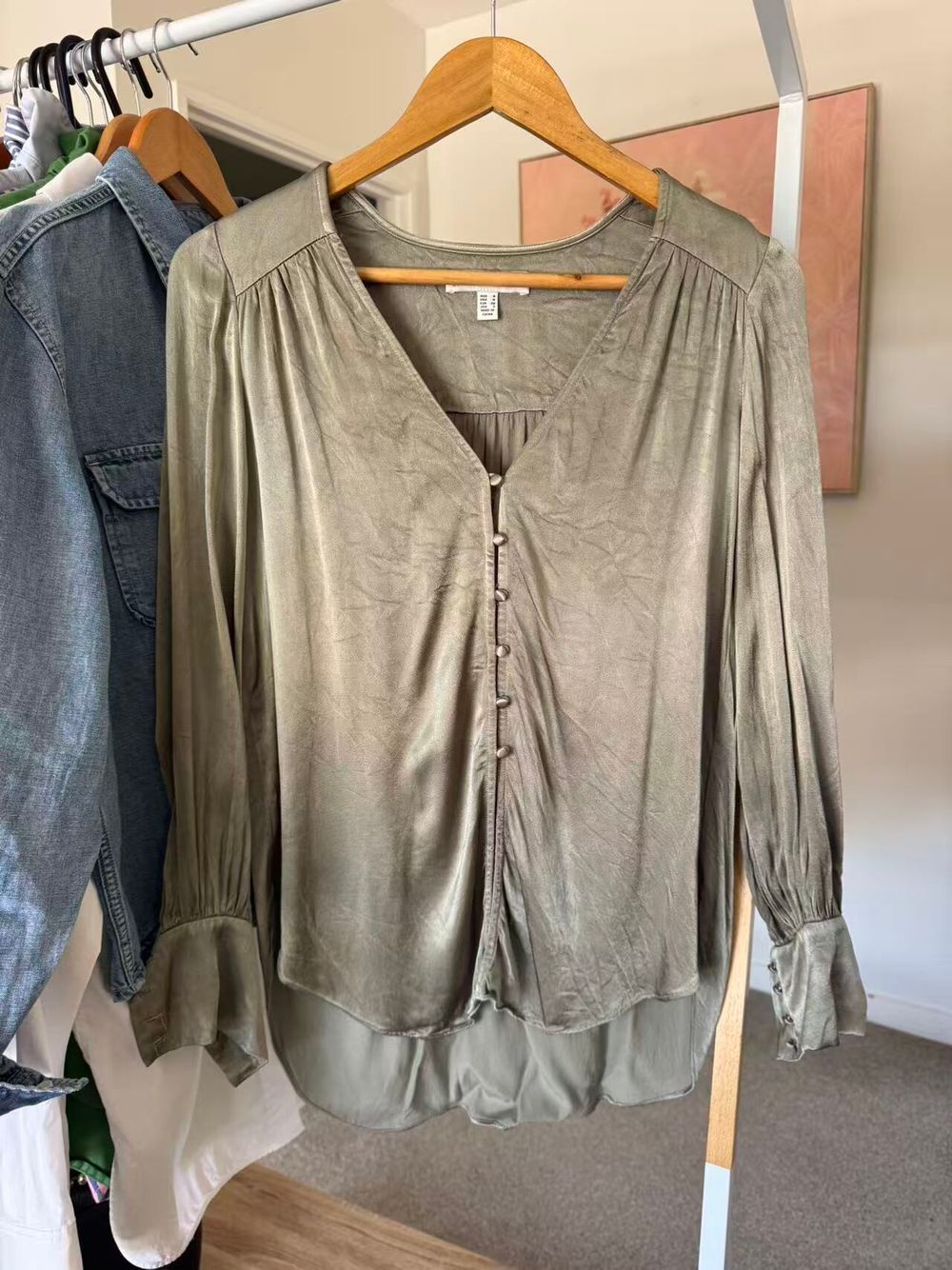Shona Joy V-Neck Buttoned Blouse - Khaki/Sage - Size AUS 8 - Worn Once