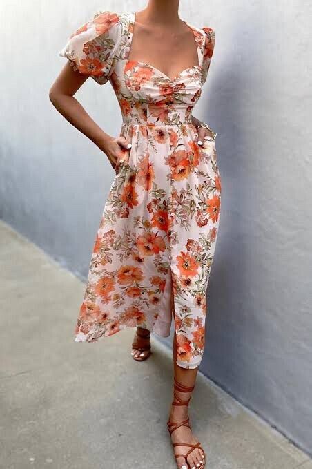 strapless open back dress Ruffles Sleeves Floral V Neck Orange Wedding Guest Dress With Belts