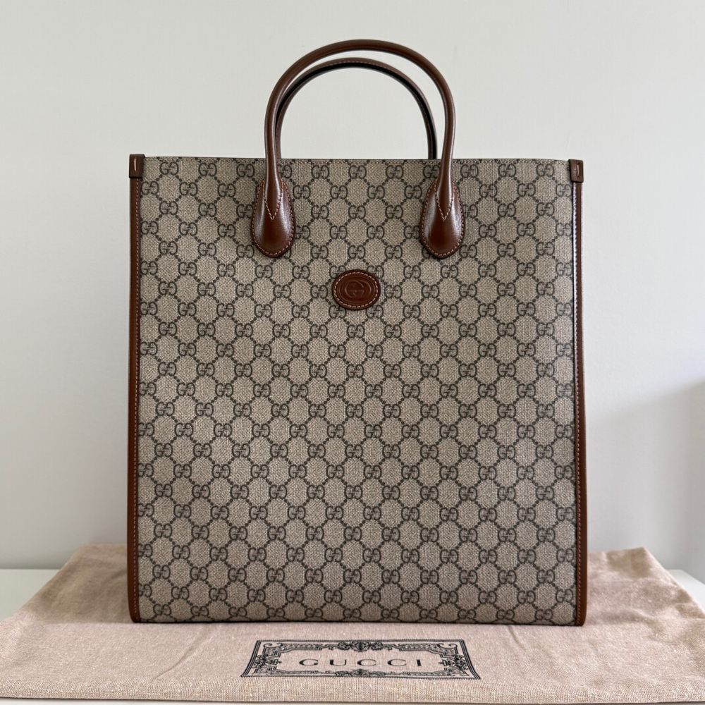 Gucci GG Supreme Monogram Tote Bag with Brown Leather Trim & Detachable Strap