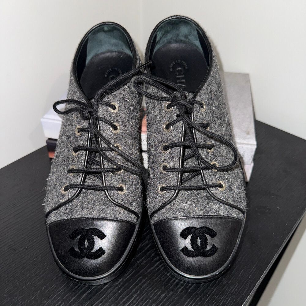 Chanel Tweed Trainers Grey Wool Leather Cap Toe Sneakers Size 36.5 EU 7 AU