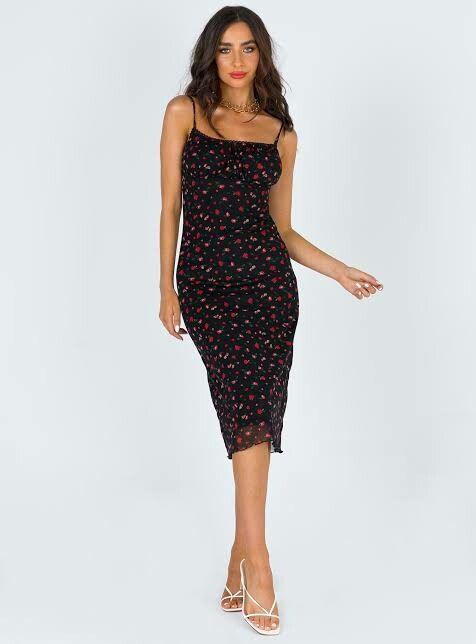 Princess Polly - Red and Black Floral Midi Dress on Designer Wardrobe